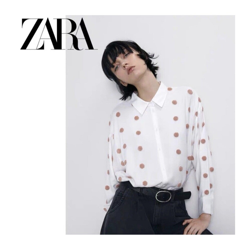 Zara Polka Dot Blouse Size M Button Down White Cream Textured Fuzzy Dots Collar